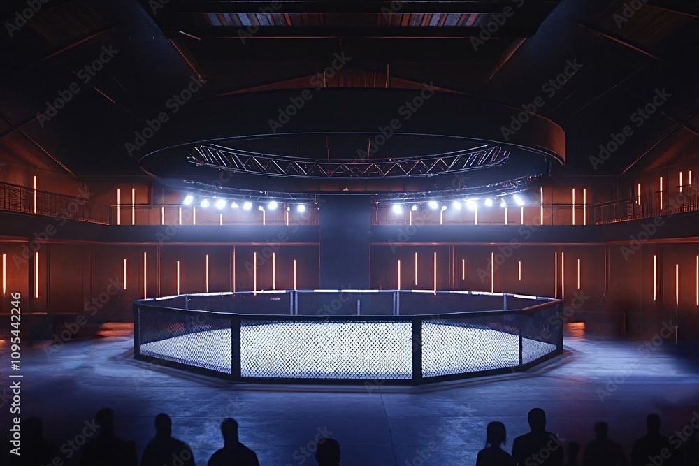 Poster spotlights illuminate an empty octagon fighting ring in a modern arena, creating an atmosphere of an