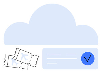 Airline tickets next to a digital approval check against a cloud backdrop. Ideal for travel industries, cloud services, booking systems, online ticketing, digital transformation, travel apps