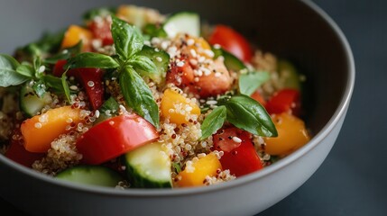 Delicious quinoa salad with colorful vegetables and seeds for a wholesome meal packed with nutrients