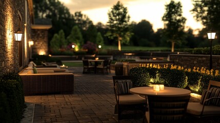 Serene backyard patio at dusk with outdoor furniture, lighting, and landscaping.