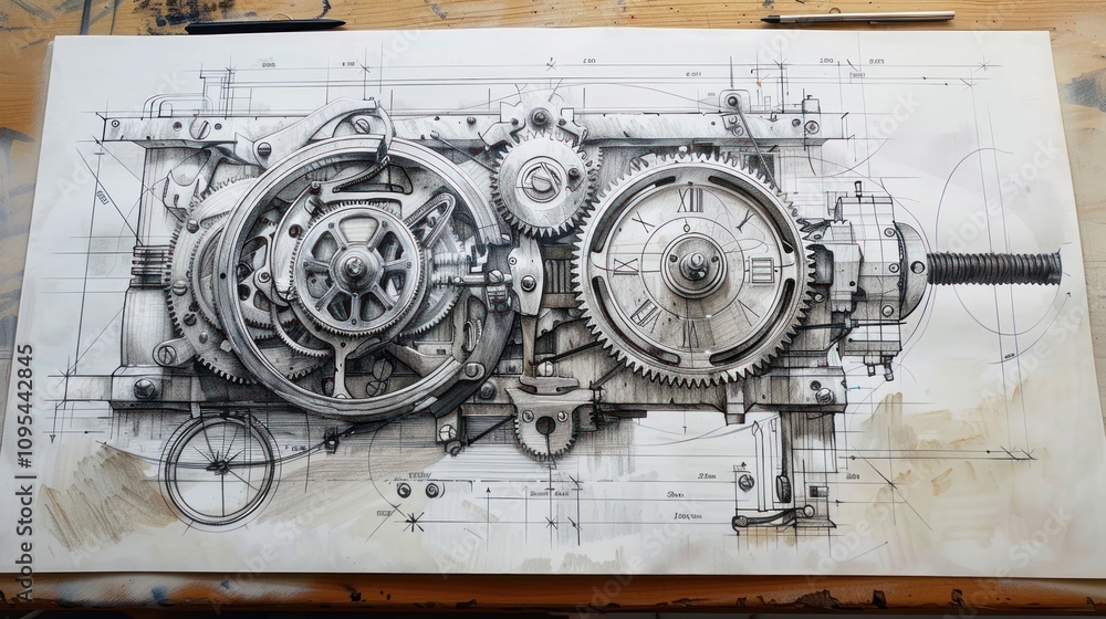 Poster detailed technical drawing of complex clockwork mechanism.
