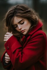 Fototapeta premium A woman in a red coat hugging her arms around herself