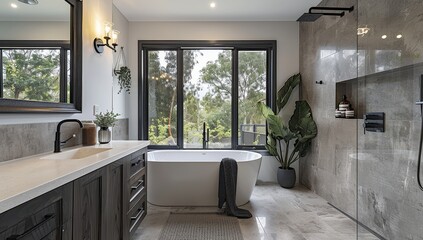 Modern Minimalist Bathroom with Black Accents and Large Mirror