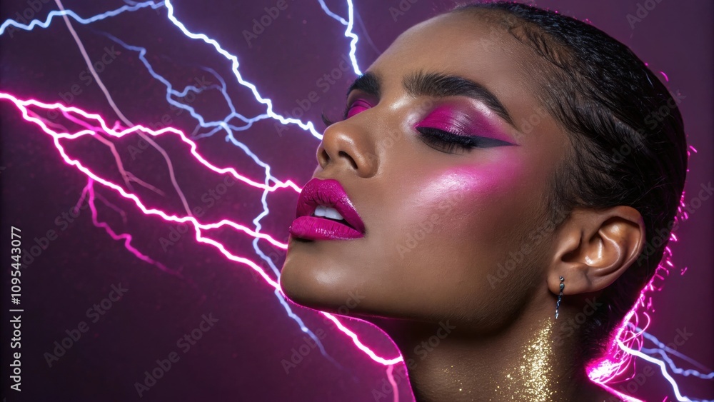Poster in this portrait a person with eyecatching fuchsia lip color emanates vibrancy. their appear dewy an