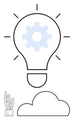 Light bulb with gear signifies innovation and ideas. Potted plant symbolizes growth, while cloud implies thinking and brainstorming. Ideal for business, startup, technology, creativity, innovation
