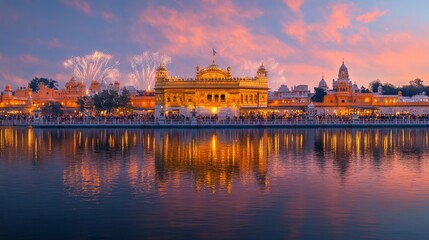 Obraz premium Golden Temple at Sunrise with Fireworks