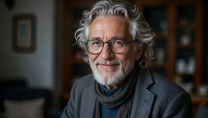 Portrait of confident stylish European middle aged senior man at home
