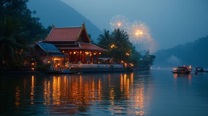 Obraz premium Illuminated Temple on a River at Dusk with Fireworks