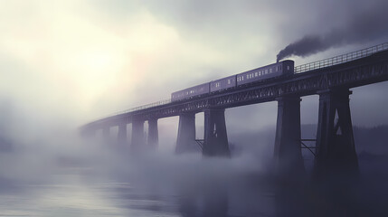 Fototapeta premium Magical foggy atmosphere with giant railway bridge and departing train dissolving in haze. Mysterious Foggy Bridge. Illustration