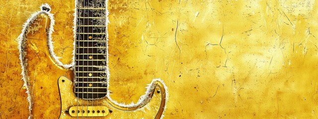 Guitar strings covered in frost on yellow grunge background