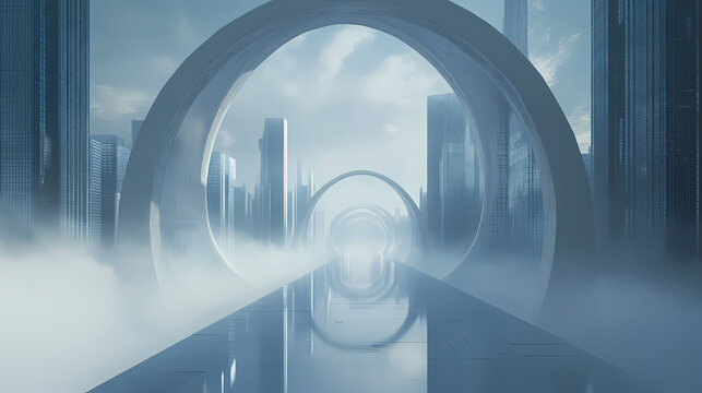 A futuristic bridge with multiple arches leading to a foggy city with modern buildings. Mysterious Foggy Bridge. Illustration