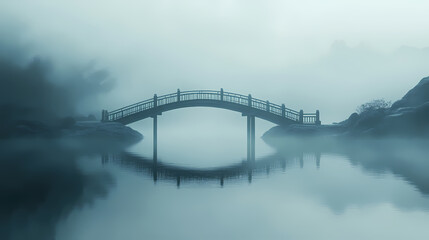 A foggy bridge creates a mysterious atmosphere over still waters. Mysterious Foggy Bridge. Illustration