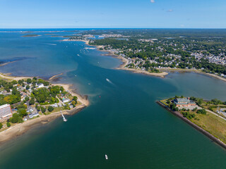 Fototapeta premium Weymouth Fore River mouth and King Cove aerial view to Hingham Bay between city of Quincy and Weymouth, Massachusetts MA, USA. 