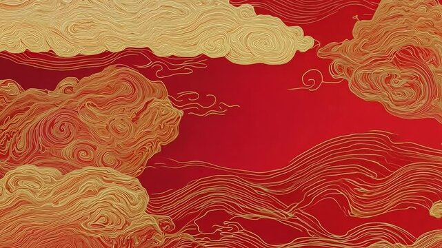 Abstract swirling cloud patterns on a rich red background decorated with golden accents