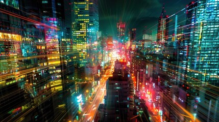 Obraz premium A vibrant cityscape at night, showcasing bright lights and dynamic energy.