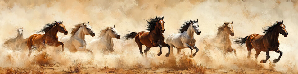 Obraz premium Wild horses thunder across the plains, kicking up dust and leaving a trail of chaos in their wake.