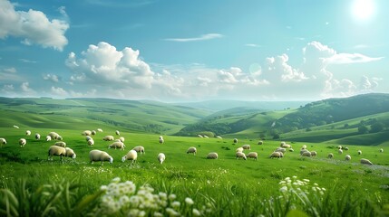Fototapeta na wymiar A peaceful scene of sheep grazing in a lush green meadow, surrounded by natural beauty and a serene rural environment. 
