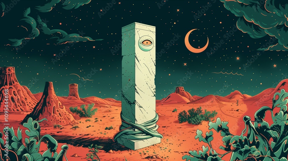 Poster old column with eye at night barren land background image. abstract mystical desert view flat colorf