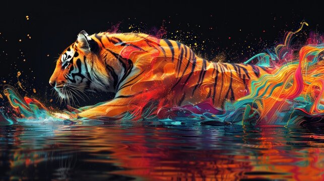 Colorful tiger leaping through vibrant water.