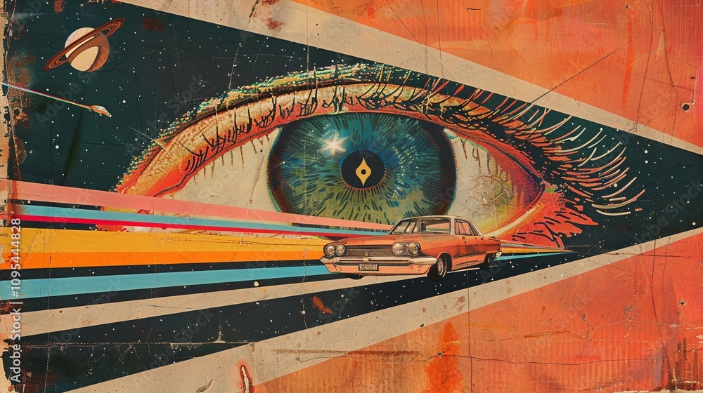 Poster open eye in outer space with racing car background image. cosmos watcher and rainbow track illusion 