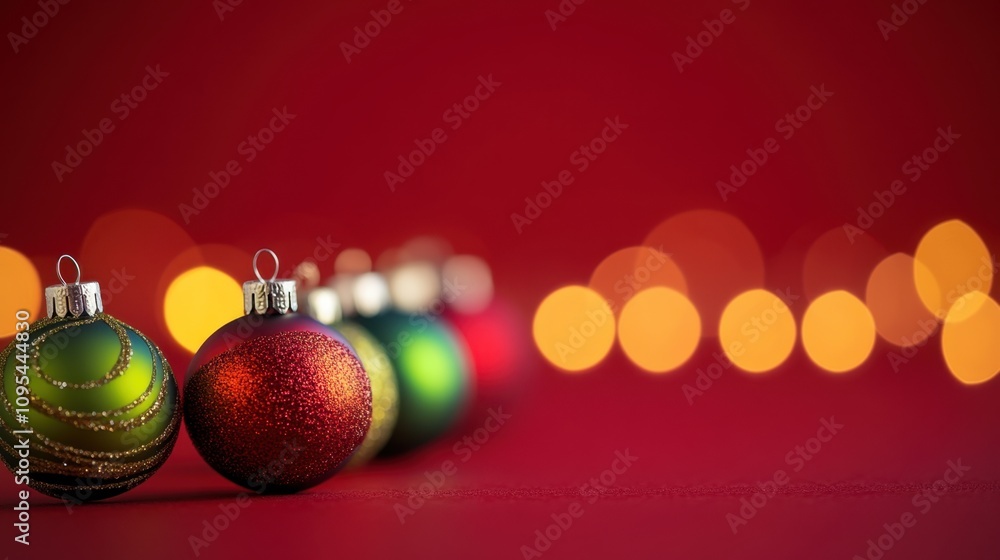 Poster row of colorful christmas ornaments with a red background and warm bokeh lights in the background
