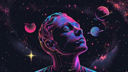 Man head in starry night sky background image. Psychedelic experience walkthrough flat colorful illustration backdrop horizontal. Outer space mystery wallpaper art concept