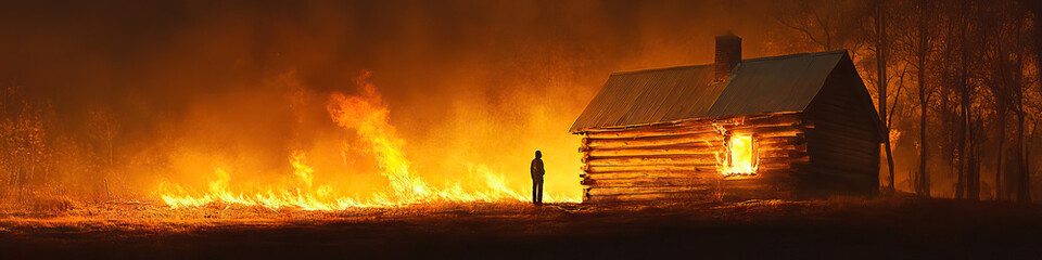 Fototapeta premium A lone figure standing before a burning log cabin, the fire casting a warm glow on their face as they envision rebuilding their future.