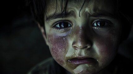 Fototapeta premium The tears of a refugee child, Reflecting the pain of displacement and loss, photography style