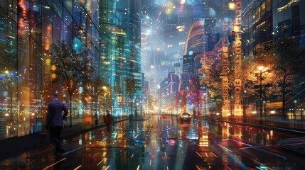 Fototapeta premium A vibrant cityscape at night, illuminated by colorful lights and reflections on wet streets.
