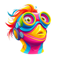Colorful character with playful expression and vibrant accessories in a whimsical style
