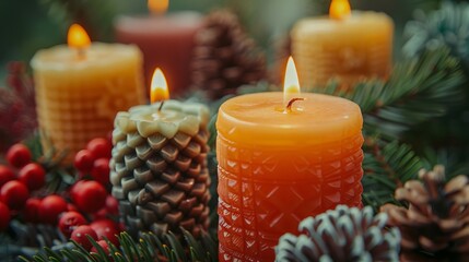 A close-up of three lit candles surrounded by pine and festive decor. Warm ambiance. Christmas decor and craftwork, eco friendly, sustainable, zero waste concept.