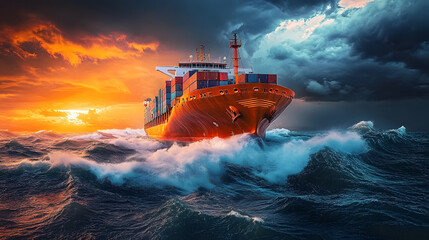A large cargo ship navigates through turbulent waters, surrounded by dark storm clouds and illuminated by a vibrant sunset, showcasing the challenges of shipping.