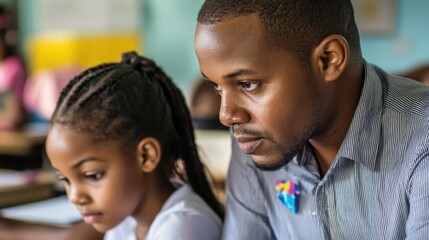 The thoughtful gaze of a teacher mentoring a student in a crowded classroom, Symbolizing the dedication to education despite challenges, photography style