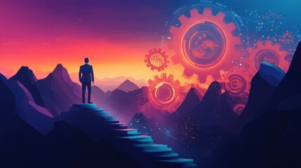 Successful business development plan. Path to success with gears from starting with vision and idea, professional achievement