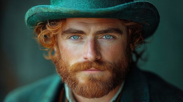Celebrating St Patrick's Day with vibrant colors and traditional themes in a captivating art style, man in a green hat and a red beard