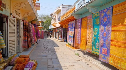 Fototapeta premium A vibrant market street displaying colorful textiles and fabrics for sale.