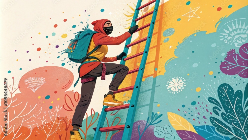 Poster an adventurous racmasked individual climbs a colorful ladder next to a wall alive with splashes of c