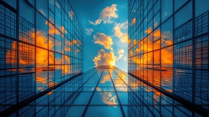 Looking up at a modern glass skyscraper reflecting blue sky and clouds, urban architecture, corporate building, cityscape view, contemporary design, downtown