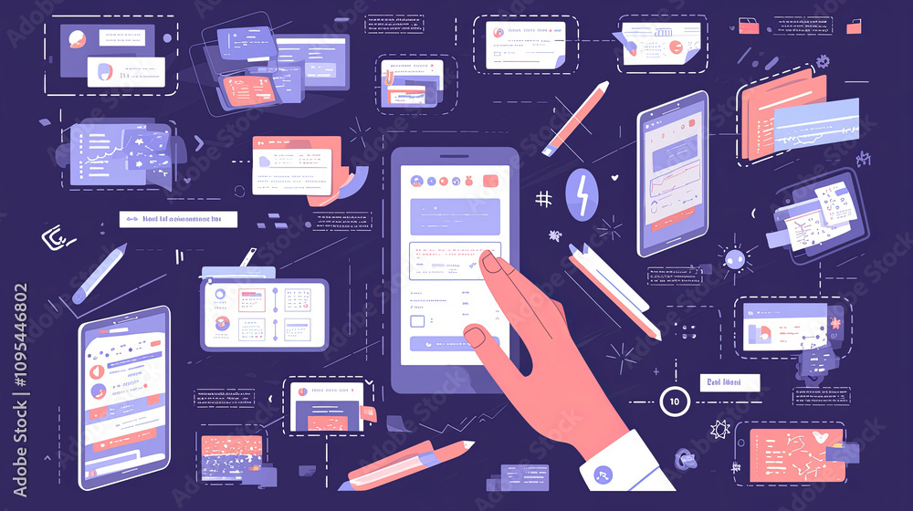 Poster creative app design process with hands and digital interface