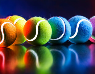 Arrange tennis balls in a rainbow gradient with colored light