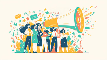 Business team announcing through a giant megaphone illustration