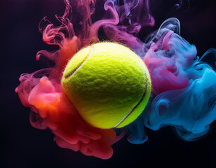 Conceptual photo of a tennis ball surrounded by colorful smoke