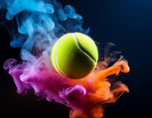 Conceptual photo of a tennis ball surrounded by colorful smoke