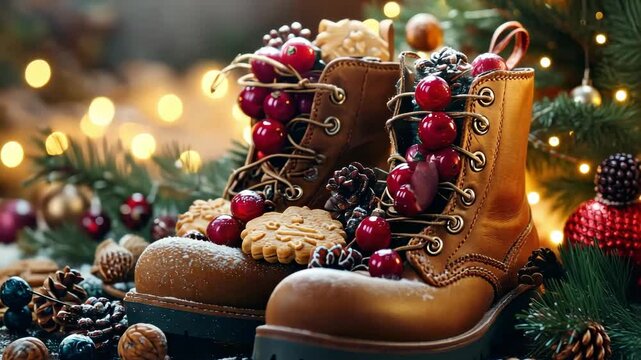 Brown boots adorned with festive red berries and gingerbread surrounded by pine cones and snow for a cozy seasonal ambiance, happy st. nicholas day, ai