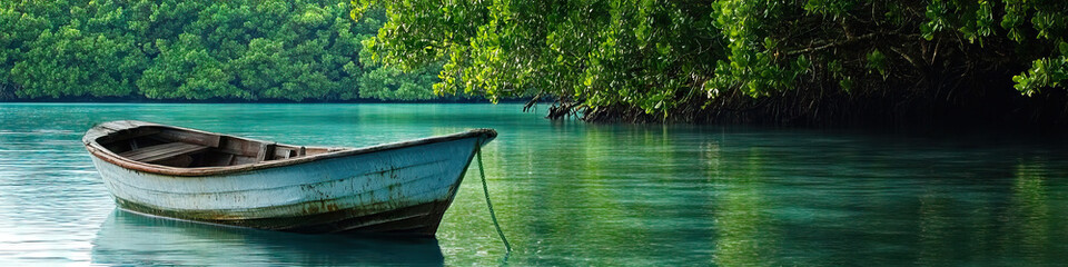 Obraz premium A lone boat sits at anchor, surrounded by the tranquil waters of a hidden cove, with lush vegetation providing a serene backdrop.