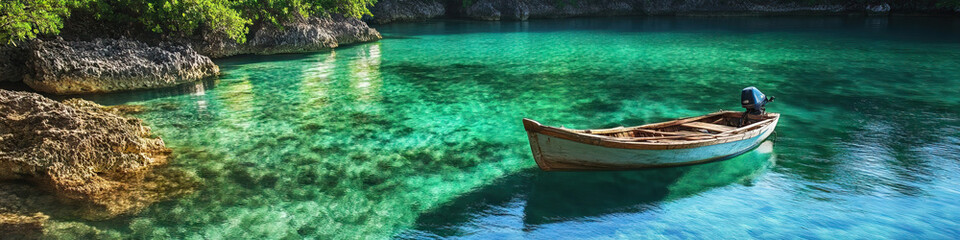 Obraz premium A lone boat sits at anchor, surrounded by the tranquil waters of a hidden cove, with lush vegetation providing a serene backdrop.