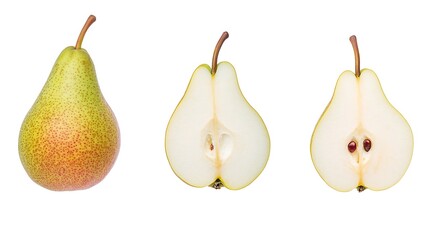 A set of pears with one half displayed, isolated on a white background. The image emphasizes the natural beauty of the pears, with the cut half revealing the fresh interior