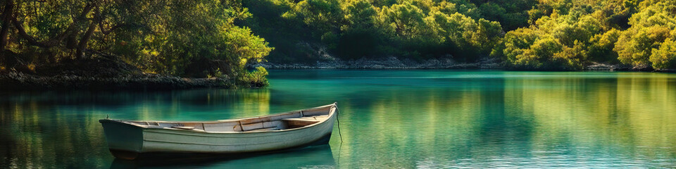 A lone boat sits at anchor, surrounded by the tranquil waters of a hidden cove, with lush vegetation providing a serene backdrop.