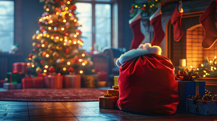 Obraz premium Cozy Christmas scene with Santa Claus's gift sack by the fireplace and a decorated tree, celebrating holiday festivities, warmth, and family joy. Copy space