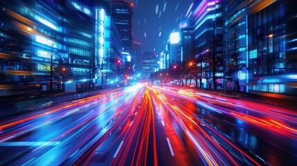 A vibrant cityscape at night with light trails from vehicles on a busy urban road.